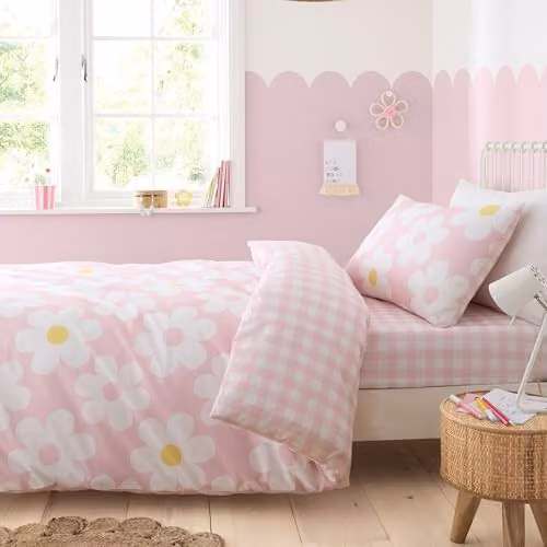 Bedlam Retro Daisy Floral Duvet Cover Set in Pink and White, W/D/H: 200 x 200 cm