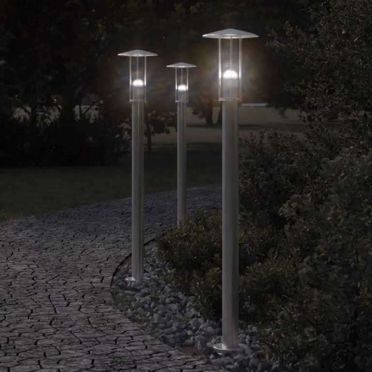 Berkfield Home Set of 3 Silver Stainless Steel Outdoor Floor Lamps, Height: 100 cm