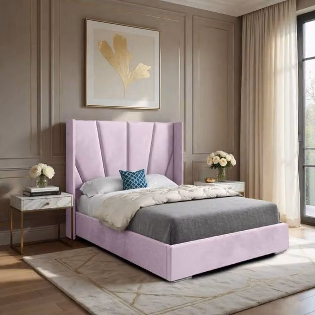 Casani Farleigh Upholstered Velvet Designer Bed Frame in Pink, W/D/H: 144 x 137 x 200 cm