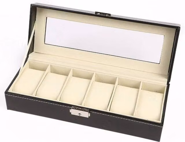 Kelvenix Black Leather 6 Compartment Watch and Jewellery Storage Box