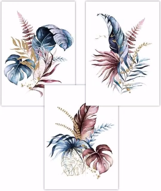 ARTZE Set of 3 Botanical Leaves Art Posters in Blue, Pink, Gold and Navy, W: 59 cm, H: 84 cm