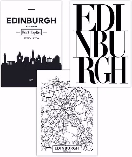 ARTZE Set of 3 Edinburgh Skyline Street Map City Art Posters in Black and White, W: 42 cm, H: 59 cm