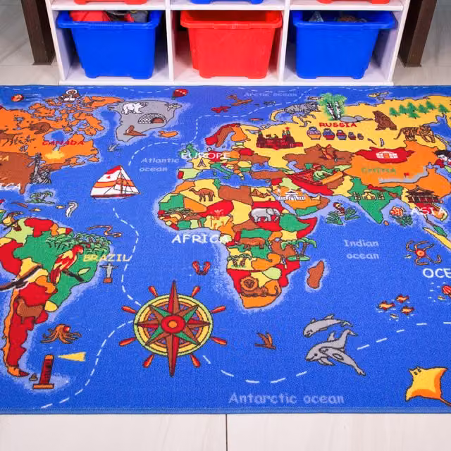 The Rug House Children's Educational World Map Rug, Blue and Multicolour, W: 200 cm, D: 133 cm