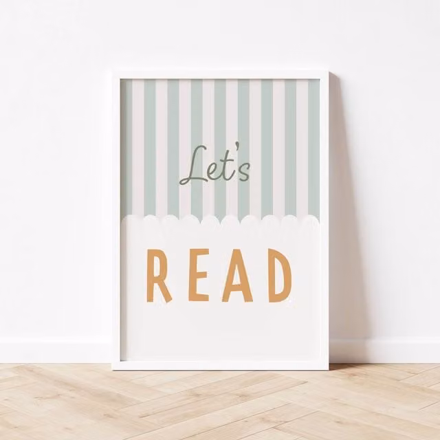 Autumns Corner Let's Read Stripy Edition Typography Paper Poster in Sage and Mustard, A2