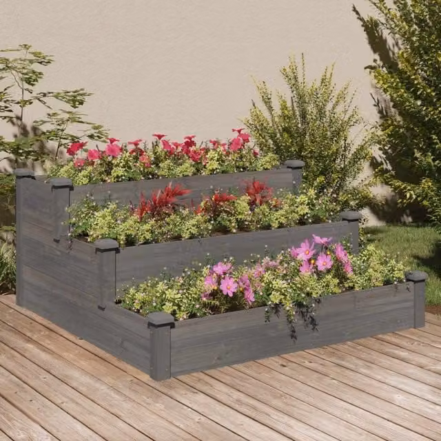 Berkfield Home Garden Grey Wooden Raised Bed, W/D/H: 120 x 120 x 56 cm