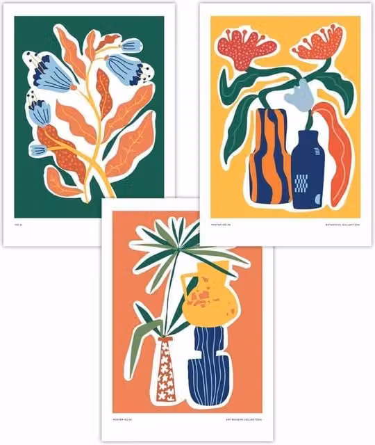 ARTZE Set of 3 Artisan Flower Market Boho Floral Paper Posters in Multicolour, W: 59 cm, H: 84 cm