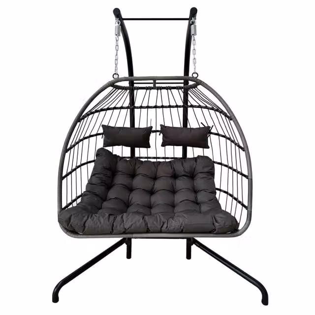 OHS Modern Double Hanging Egg Chair in Grey Rattan with Weatherproof Cushions