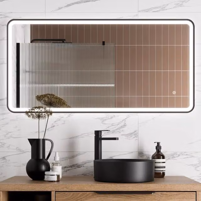 Bathwell Rectangular LED Wall Mirror with Demister and Touch Switch in Matt Black, W: 120 cm, H: 60 cm