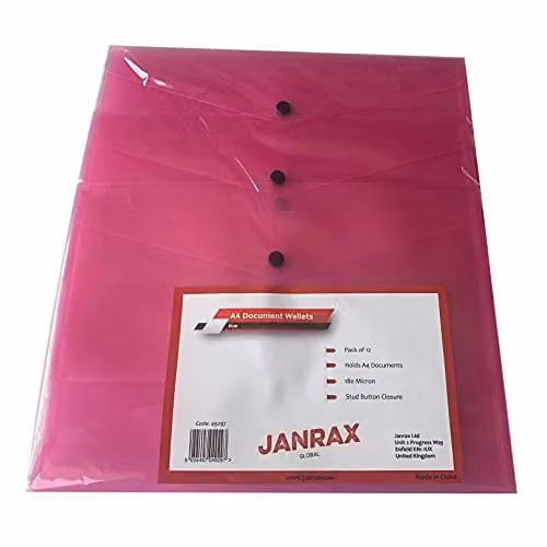 Janrax Pack of 60 Pink A4 Plastic Snap Document Wallets
