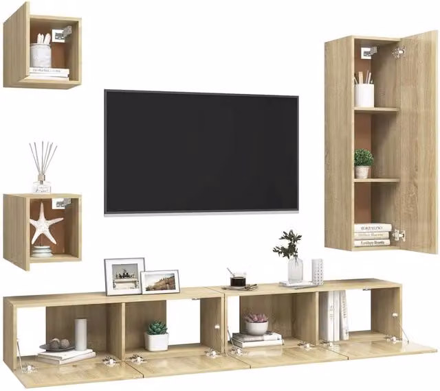 Berkfield Home Practical 5 Piece TV Cabinet Set in Sonoma Oak and Beige, W/D/H: 110 x 30 x 5 cm