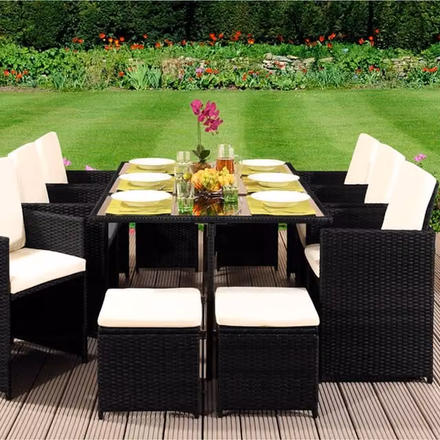 Comfy Living 11 Piece Black Cube Rattan Garden Furniture Set with Glass Top