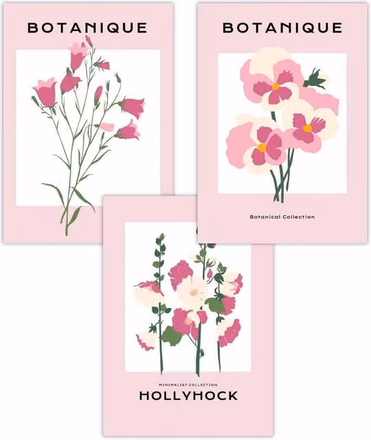 ARTZE Set of 3 Vintage Pink Hollyhock Flower Market Botanical Art Posters, W: 42 cm, H: 59 cm