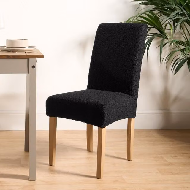 OHS Boucle Elastic Stretch High Back Dining Chair Protector Cover, Black, Pack of 4