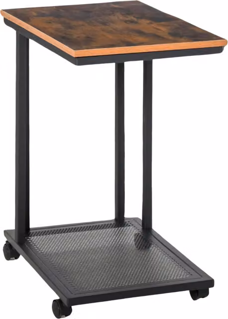 Pirlo Plush Industrial C Shaped Side Table with Mesh Shelf and Castors, Brown