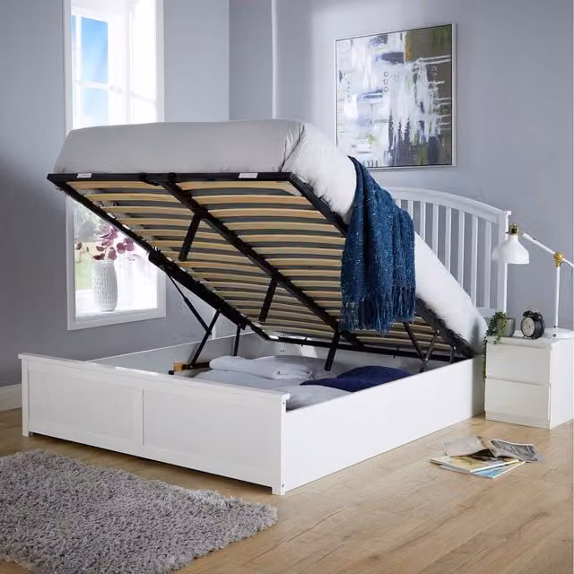 Home Source Madrid Ottoman Storage Bed Frame with End Lift, White, W/D/H: 140 x 200 x 37 cm (Height: 137 cm)