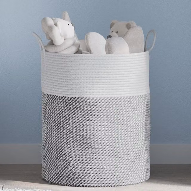 Berkfield Grey and White Open Weave Cotton Storage Basket with Handles W: 38 cm, H: 46 cm