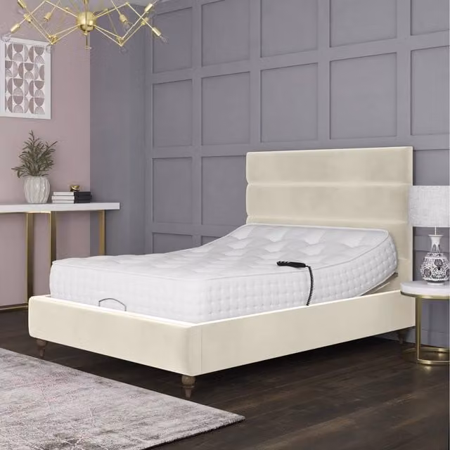 Penelope Premium Upholstered Electric Adjustable Bed Frame in Beige, Superking, W: 200 cm x D: 200 cm