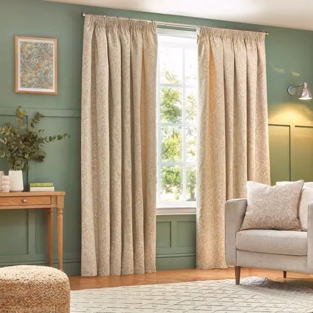 Grantley Jacquard Pencil Pleat Curtains in Beige and Yellow Floral Design, 228 cm