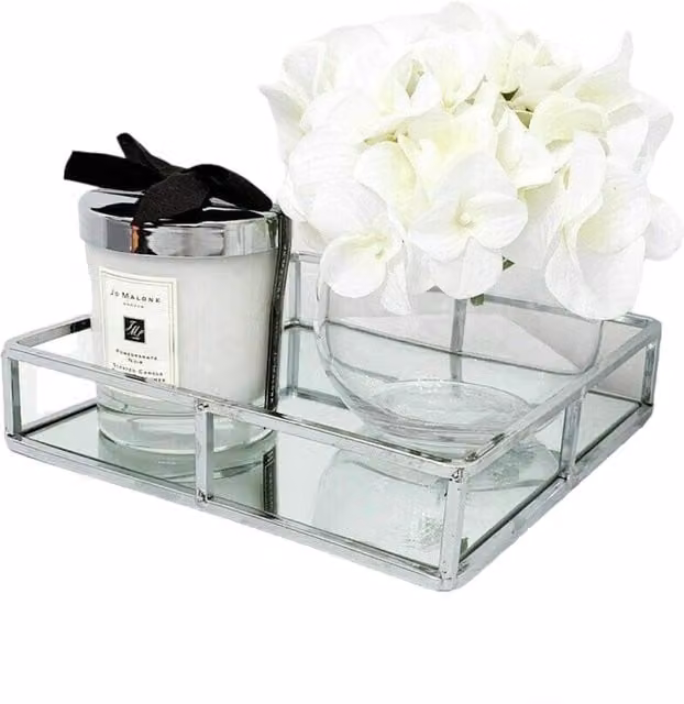 DEENZ Modern Square Silver Chrome Mirrored Glass Tray for Tabletop Decor