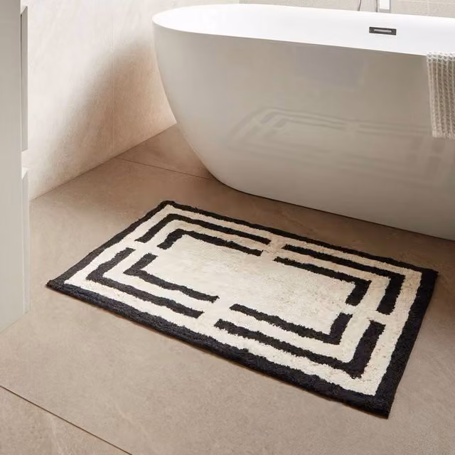 Wyld and Coco Cotton Bath Mat in Beige and Black Geometric Design, W: 60 cm x L: 90 cm
