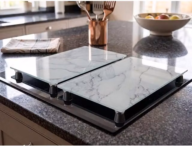 DEENZ Set of 2 Grey Marble Effect Rectangular Glass Hob Covers with 8 Non-Slip Feet