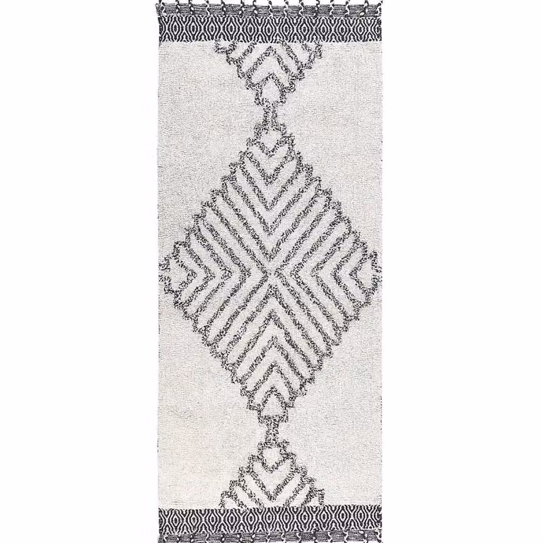 Wyld and Coco Handwoven Cotton Geometric Rug in Black and White with Tassels, W/L: 80 x 150 cm