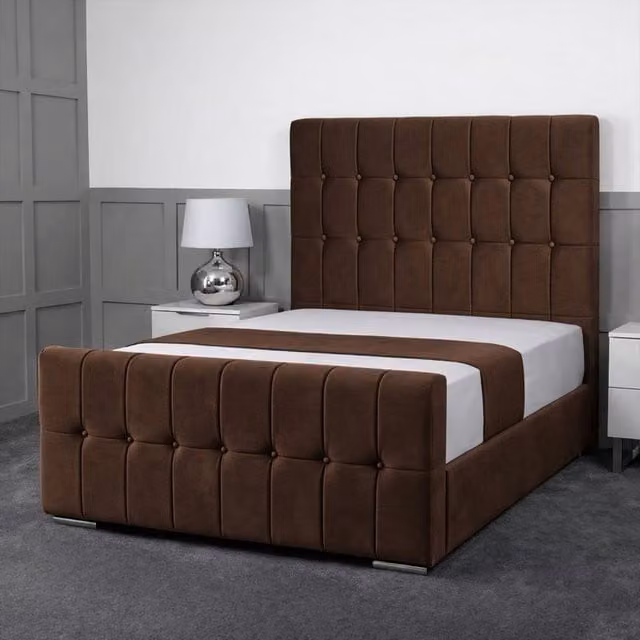 Living Comfort Bedz Belmont Plush Velvet Upholstered Bed with Slatted Base and 48 Inch Headboard in Brown, Super King