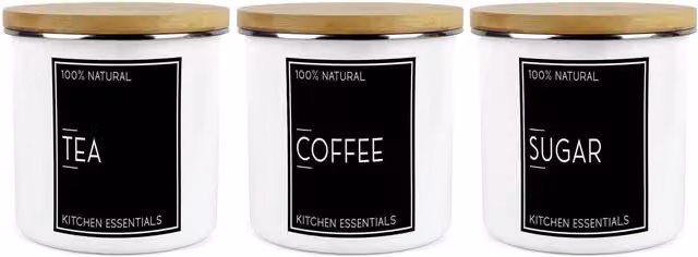Purely Home Inverted Minimalist Large Kitchen Canister Set of 3 for Tea, Coffee and Sugar in White Ceramic and Enamel