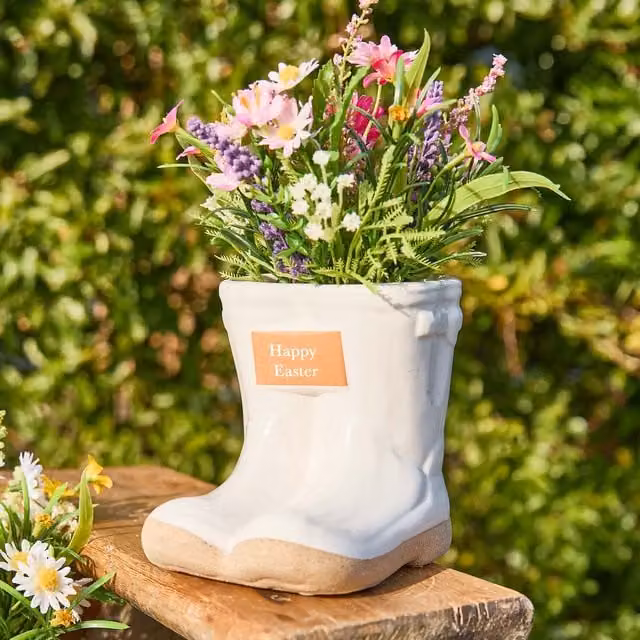 Dibor Small White Ceramic Boots Flower Planter with Happy Easter Plaque, H10 x W12 cm