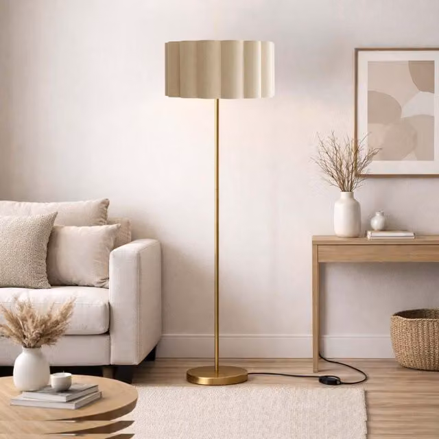 CGC Lighting Lena Brushed Gold Floor Lamp with Large Scalloped Beige Fabric Lampshade, Height: 163 cm