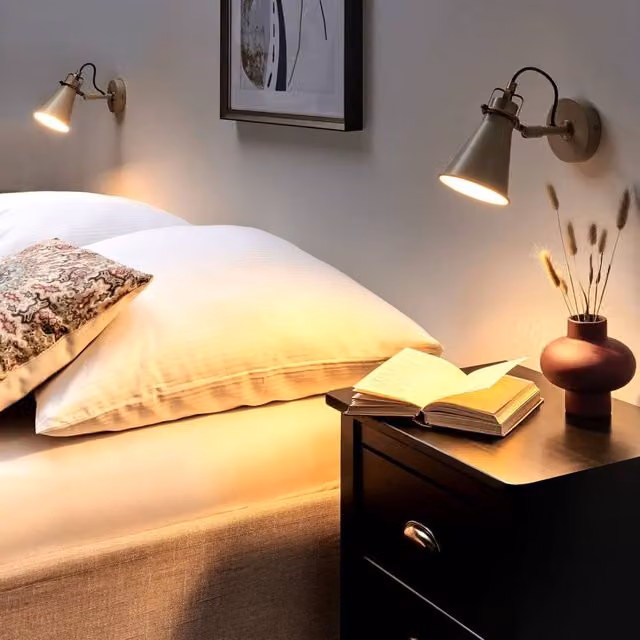Wyld and Coco Set of 2 Beige Industrial Metal Wall Lamps with Adjustable Cone Shades
