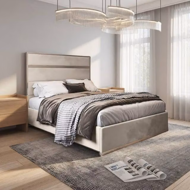 KDMD Horam Upholstered Velvet Designer Bed Frame in Beige with Metal Details, W/D/H: 140 x 200 x 137 cm
