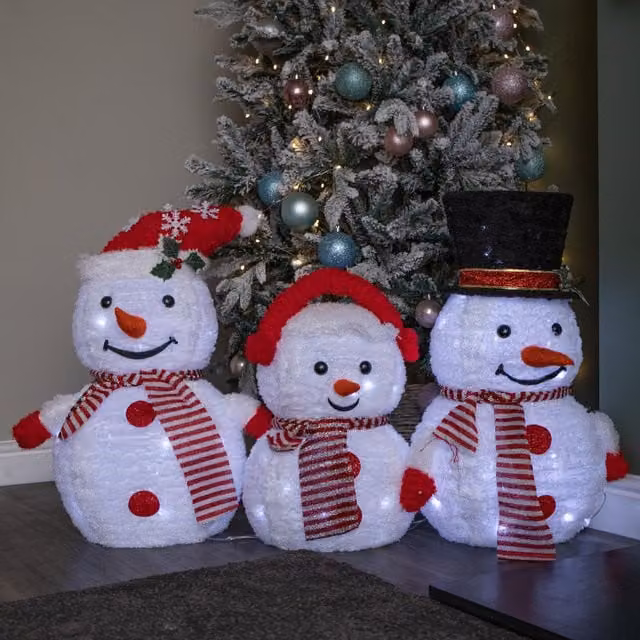 Samuel Alexander Set of 3 White Light up Foldable Cloth Christmas Snowmen with 130 White LEDs, Height: 70 cm