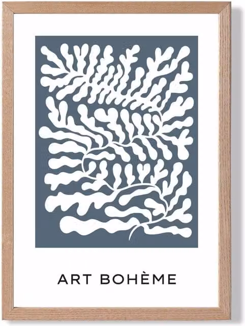 ARTZE Matisse Style Blue and White Floral Cutout Framed Print with Oak Frame
