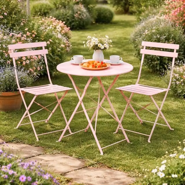 Marco Paul Pink 3 Piece Folding Round Metal Bistro Set for Garden and Terrace