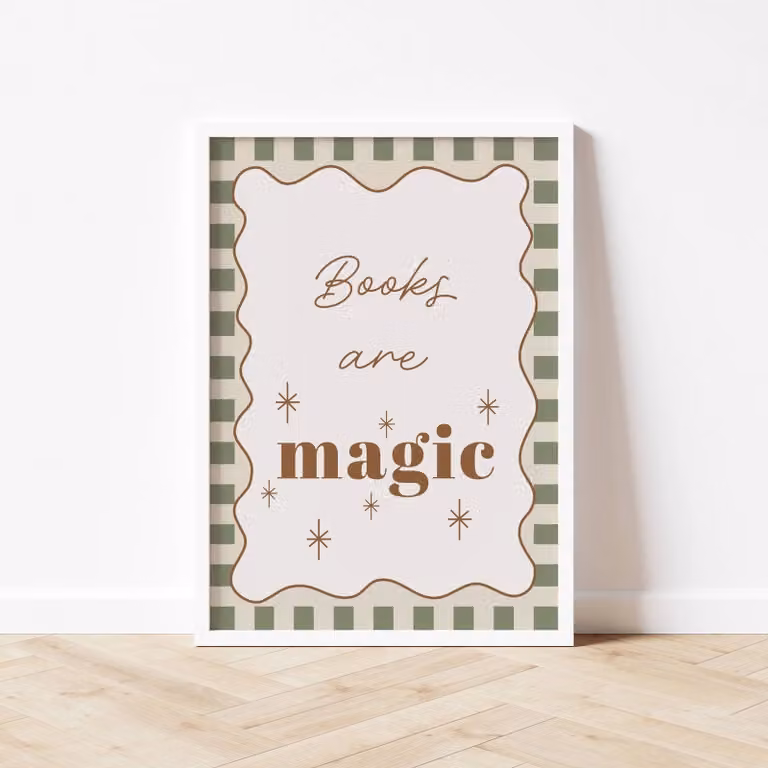 Autumns Corner Books Are Magic Checkerboard Wall Art, A2, Mustard Yellow