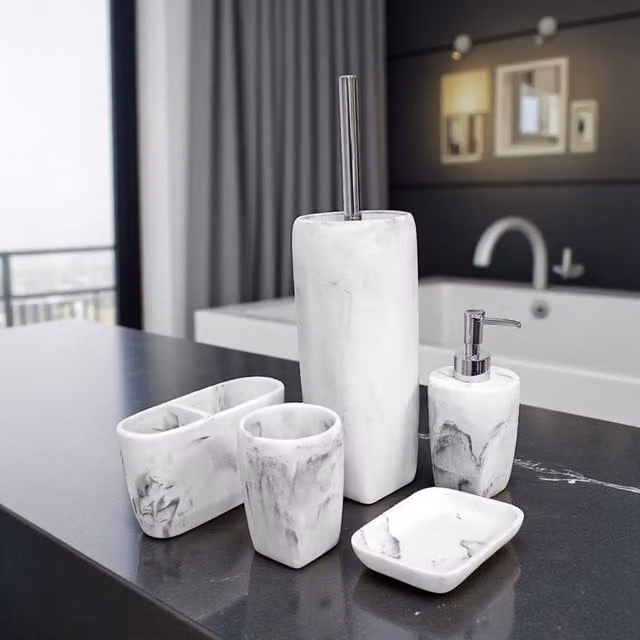 Showerdrape Octavia 5 Piece White Marble and Grey Bathroom Accessory Set with Chrome Finish