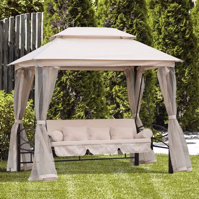 Outsunny 2-in-1 Convertible Outdoor Swing Chair Bed with Sun Canopy and Cushions, Cream White