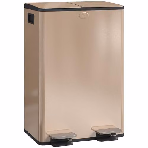 HOMCOM Dual Kitchen Pedal Bin with Soft Close Lids and Odour Filter, Gold Tone Stainless Steel, 2 x 28L