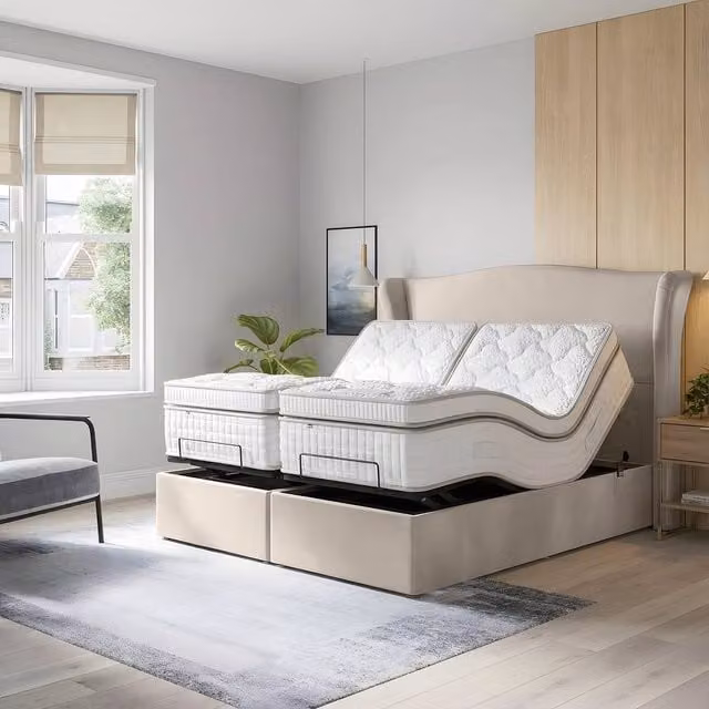 Paradise Beds Ltd Orthopaedic Electric Adjustable Bed Set with Mattress and Headboard in Beige and Silver, W/D/H: 90 x 200 cm