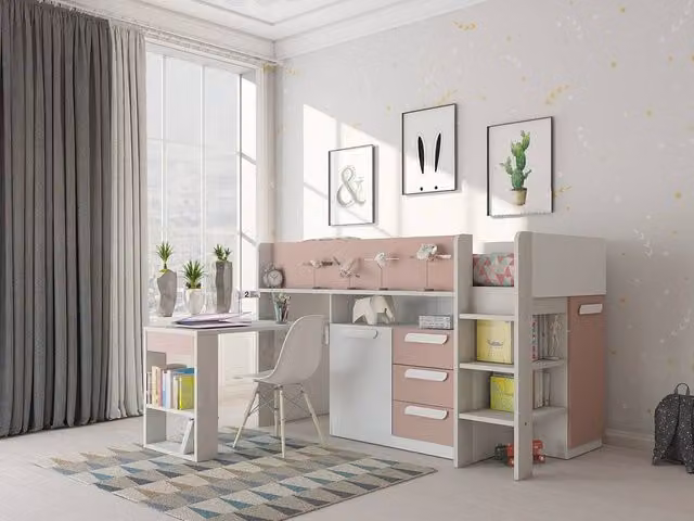 Vente-unique Pink Single Combination Bed with Desk, Storage Drawers and Stairs, W/D/H: 193.8 x 90 x 131.5 cm