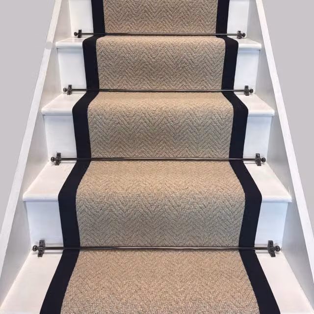 RainbowHome Herringbone Royal Sterling Wool Stair Runner with 100% Cotton Black Border in Beige, W: 70 cm, L: 700 cm