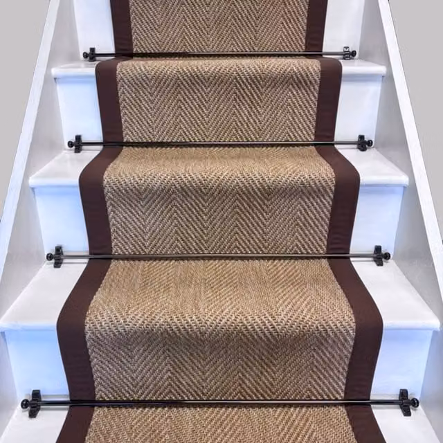 RainbowHome Herringbone New England Beige Stair Runner with Mocha Cotton Border, W: 60 cm, L: 700 cm