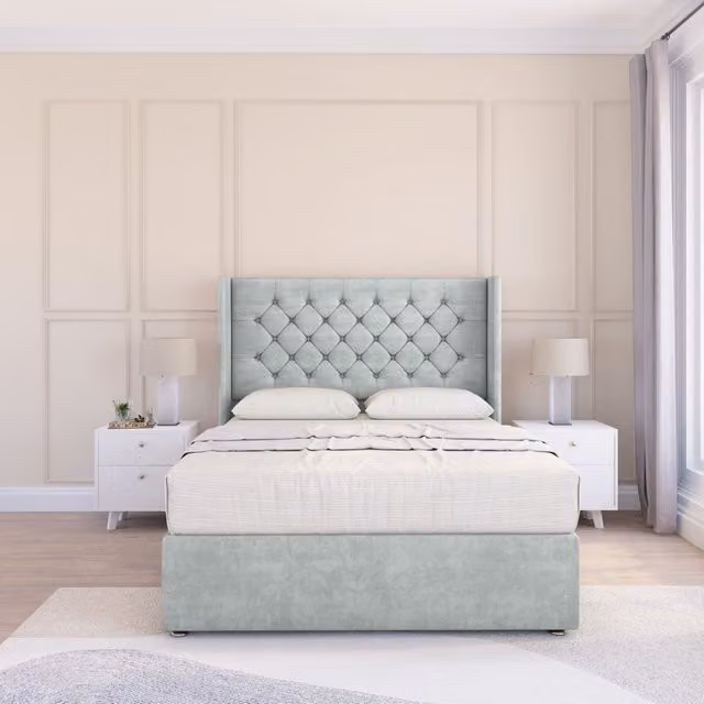 Sloomy Dior Naples Silver Velvet Wingback Bed Set with 54 inch Floor Standing Headboard, Small Single