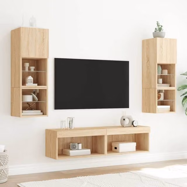 Berkfield Home 6 Piece Modern TV Wall Unit Set with LED Integrated Lighting in Sonoma Oak and Beige