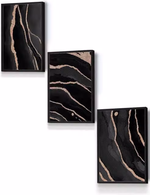 ARTZE Abstract Black Grey and Gold Strokes Framed Wall Art, W: 33 cm, H: 45 cm, D: 0.2 cm