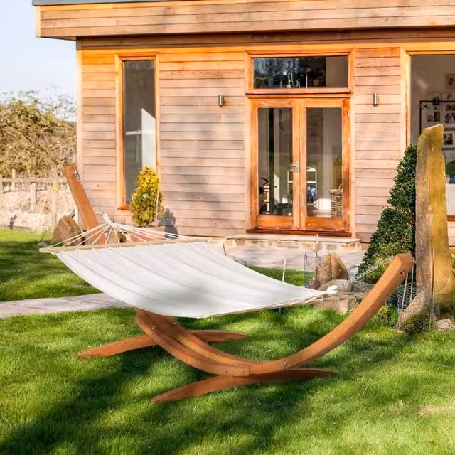 OUTSUNNY Outdoor Garden Hammock Swing with Treated Larch Wood Stand in White