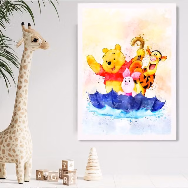 ARTZE Watercolour Winnie the Pooh and Friends Multicolour Art Print with White Frame