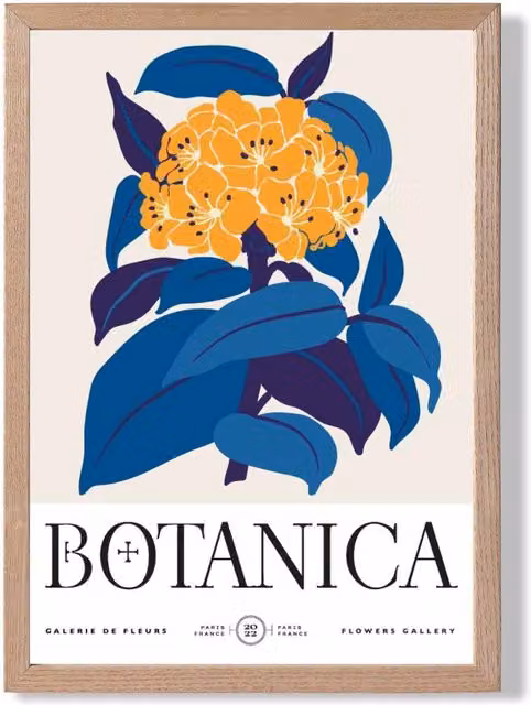 ARTZE Yellow and Blue Hydrangea Flower Market Exhibition Framed Botanical Illustration Print with Oak Frame, Size: A4