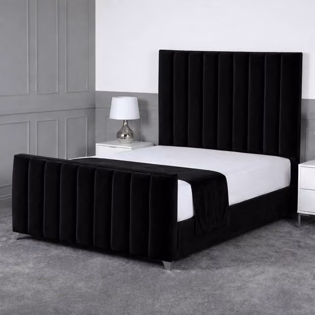 Living Comfort Bedz Empress Plush Velvet Upholstered Bed with Slatted Base and 48 Inch Headboard in Black, Double Size